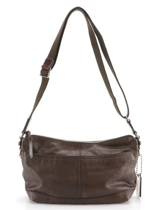 Coach Brown Pebble Grain Leather Web Strap Crossbody Bag - Picture 2 of 9